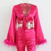 Color-Rose Red Top-Satin Set Feather V neck Patchwork Sexy Lace up Short Top Hip Skirt Slit Casual Pants-Fancey Boutique