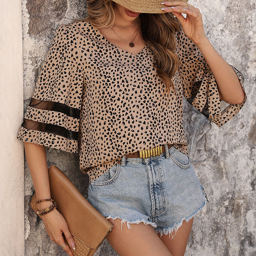 Color-Summer Women Clothing Half Sleeve Gauze Stitching Leopard Print Shirt Women-Fancey Boutique