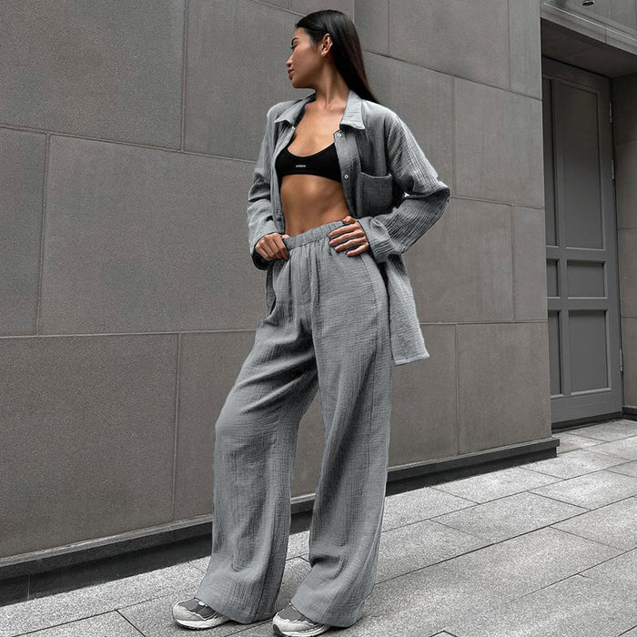 Color-Autumn Pure Cotton Gray Long Sleeve Cardigan Pajamas Two Piece Loose Comfortable Trousers Ladies Homewear-Fancey Boutique