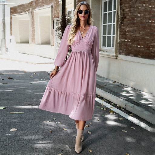 Color-Pink-Dress Autumn Winter Elegant Solid Color V neck Maxi Dress-Fancey Boutique