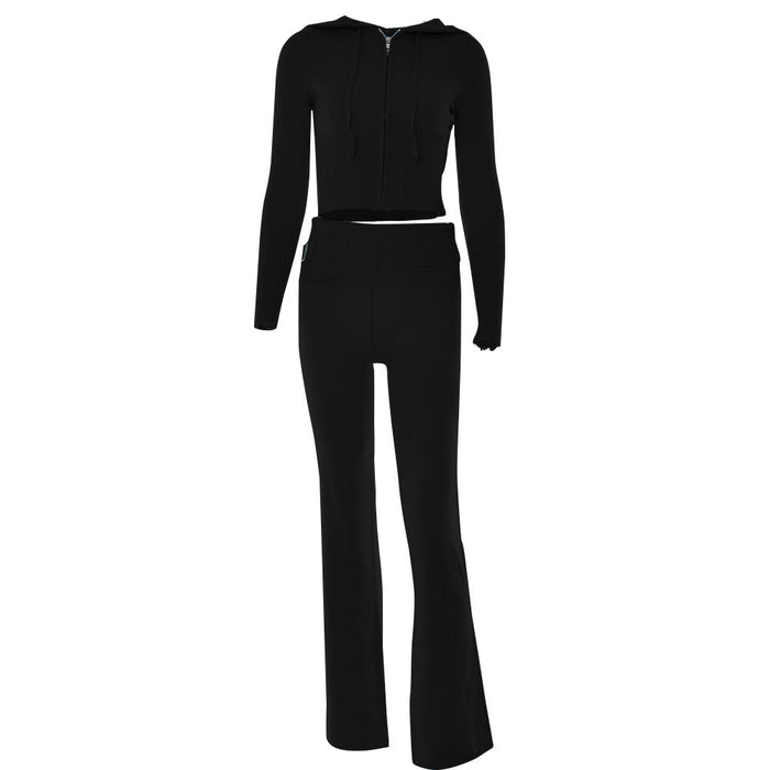Color-Black Suit-Knitted Hooded Women Sexy High Waist Long Sleeved Trousers Two Piece Set-Fancey Boutique