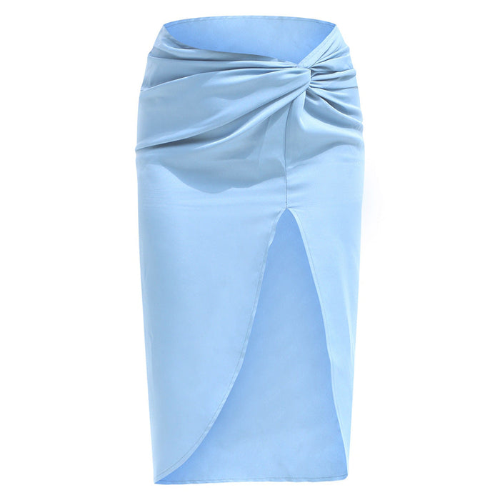 Color-Blue-High Waist French Twist Irregular Asymmetric Skirt Sexy Solid Color Satin Split Package Hip with a Zipper Long Skirt for Women-Fancey Boutique