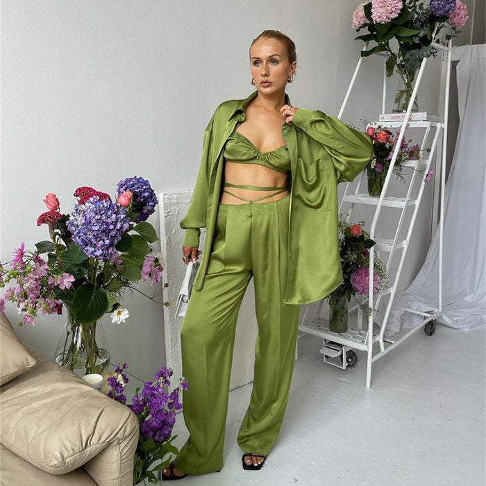 Color-Green-Sexy Women's Wear Spring Summer Casual Vacation Three Piece Suit Satin Shirt Vest Straight Leg Pants Suit-Fancey Boutique