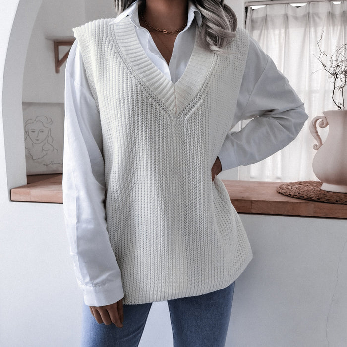 Color-Autumn Winter V-neck Casual Loose Knitted Sweater Vest Jacket Women Clothing-Fancey Boutique