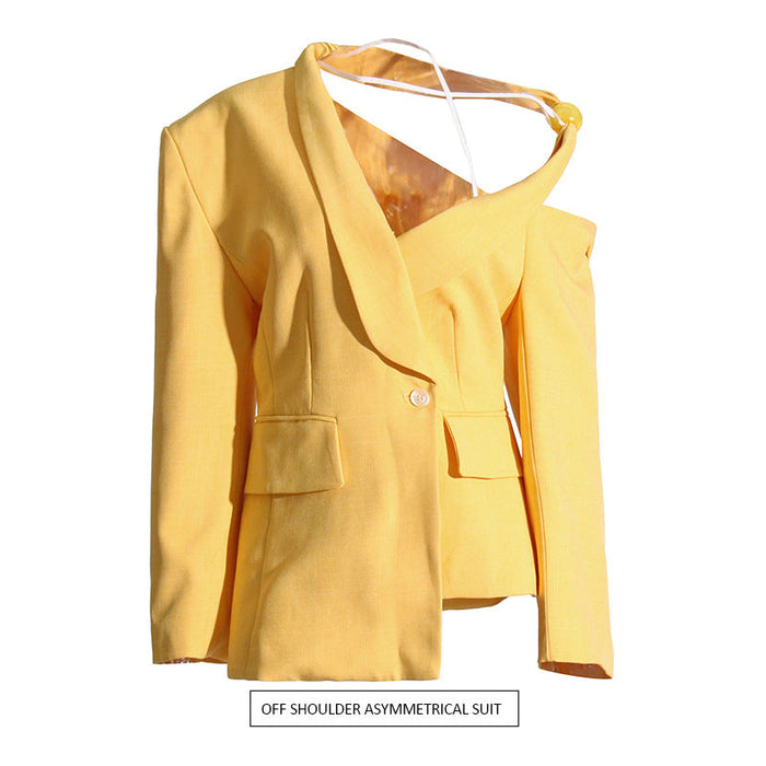 Color-Yellow-One Shoulder Blazer for Women Loose Casual Korean Office Lace up Waist Controlled Blazer for Women-Fancey Boutique