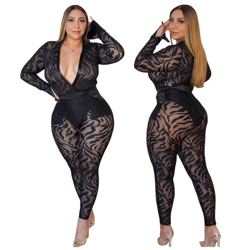 Color-Plus Size Women Clothing Sexy See-through Polyester Mesh Flocking Striped Tight Casual Two-Piece Suit-Fancey Boutique