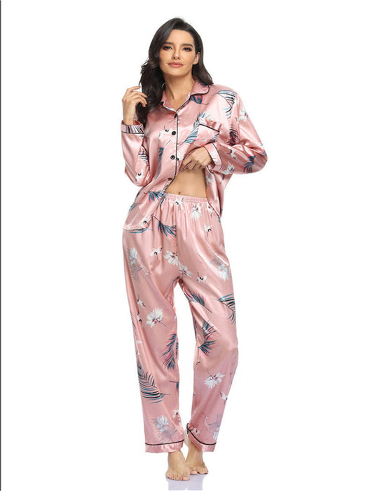 Color-Pink Crane-Home Wear Suit Pajamas Women Satin Cardigan Long Sleeve Long Sleeve Autumn-Fancey Boutique