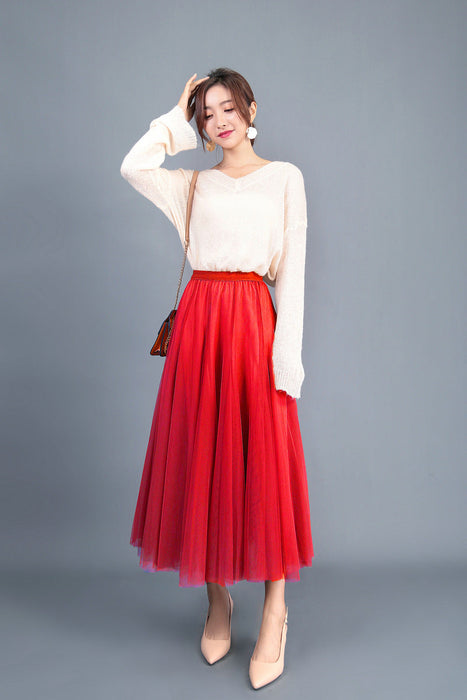 Color-Red-Spring Swing Puffy Ankle Length Skirt High Waist Slim Fit Fairy Skirt Tulle Skirt A Line Skirt-Fancey Boutique