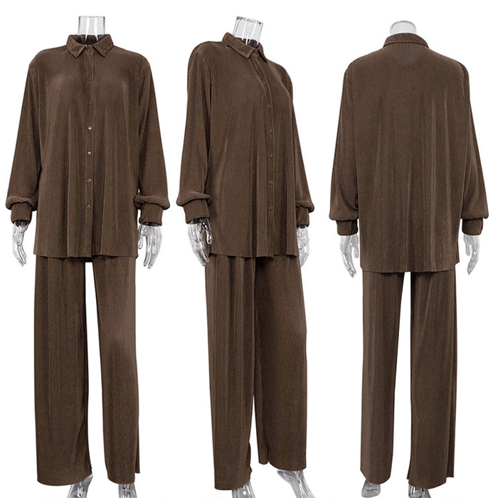 Color-Spring Pleated Casual Shirt Outfit Long-Sleeved Trousers High Waist Loose Drooping Women-Fancey Boutique