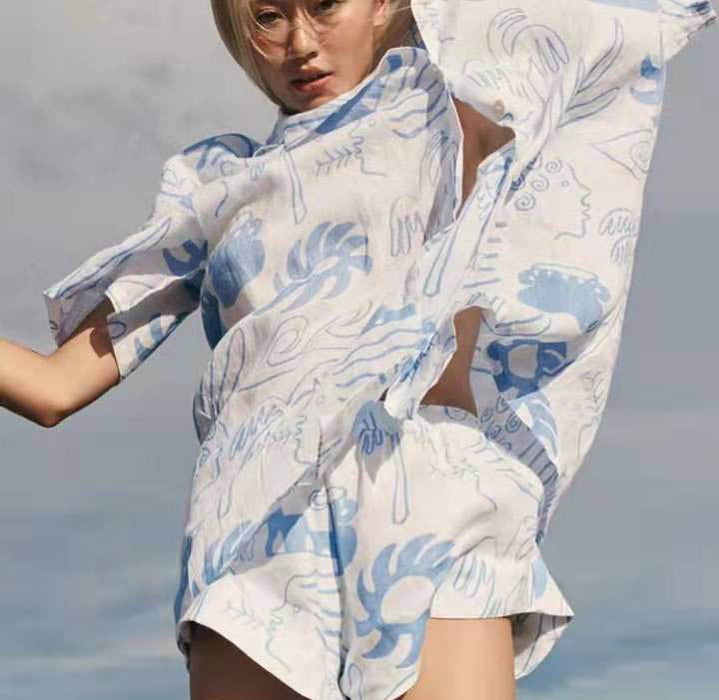 Color-Spring Summer Casual Holiday Idle Creative Printing Shirt Shorts Suit-Fancey Boutique