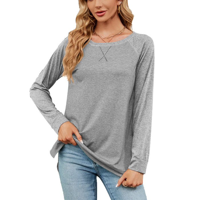 Color-Light Gray-Autumn Winter round Neck Contrast Color Loose Long-Sleeved T-shirt Split Top Women-Fancey Boutique