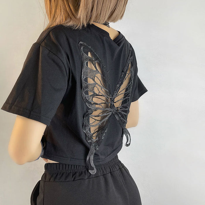 Color-Black Lace Butterfly Exposed Cropped Short T-shirt Fashionable Loose Hollow Out Cutout Short Sleeve Top-Fancey Boutique