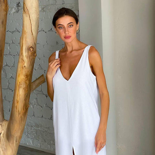 Color-White-Summer Long Split Cotton Linen Nightdress Outerwear Home Women Casual Sling One Piece Pajamas-Fancey Boutique