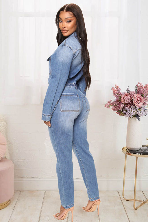 Color-Women Slim Elastic Feet Wash Denim Jumpsuit-Fancey Boutique