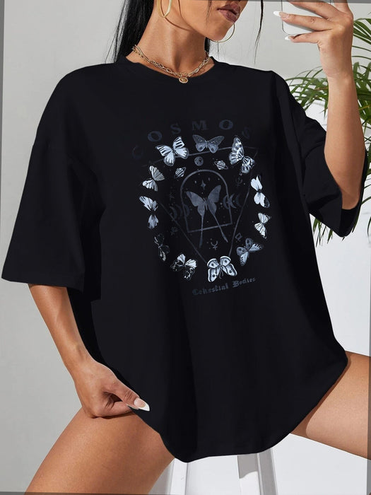 Color-Casual Black T Shirt Simple Round Neck Short Sleeve Women Top Loose Butterfly Print-Fancey Boutique