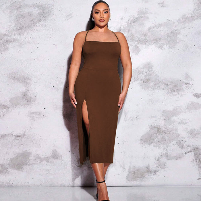 Color-Plus Size Women Clothes Sexy Backless Slit Tight Waist Sheath Solid Color Cami Dress-Fancey Boutique