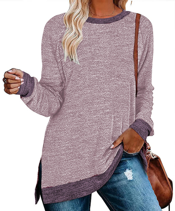 Color-Light Pink-Women Clothing Long Sleeve round Neck Multicolor Split Top Loose Casual Pullover T-shirt-Fancey Boutique