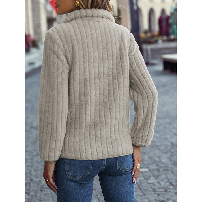 Color-Autumn Winter Women Wear Collared Long Sleeve Pullover Half Zipper Sunken Stripe Plush Casual Sweatshirt-Fancey Boutique