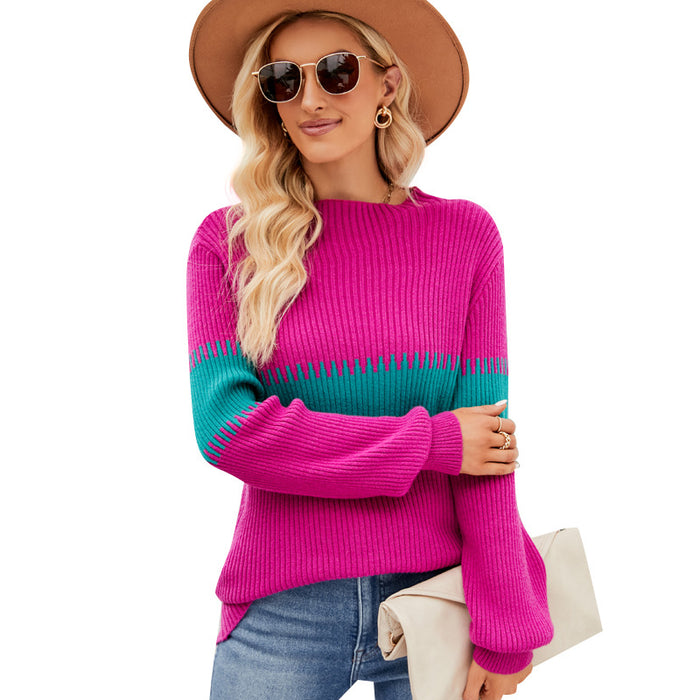 Color-Color Contrast Patchwork Mock Neck Sweater Women Autumn Winter Lazy Wind Loose Pullover-Fancey Boutique