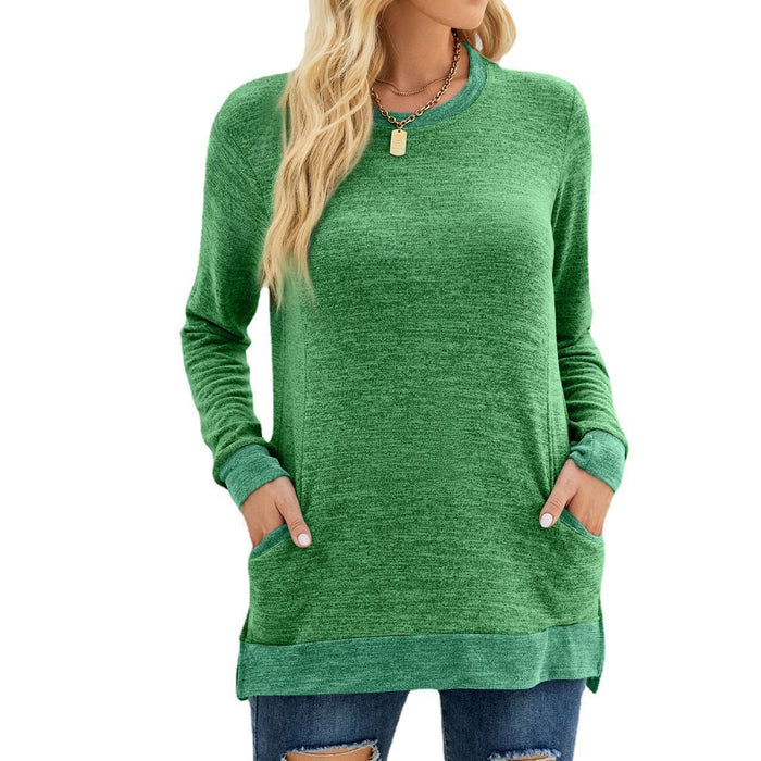Color-Green-Women Clothing round Neck Multicolor Pocket Long Sleeve Pullover Top Loose-Fitting Casual T-shirt-Fancey Boutique