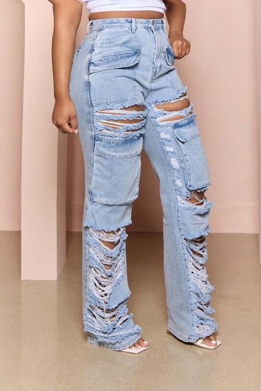 Color-Multi Bag Ripped Jeans Women Tooling Ripped Washed Trousers Multi Bag Jeans-Fancey Boutique