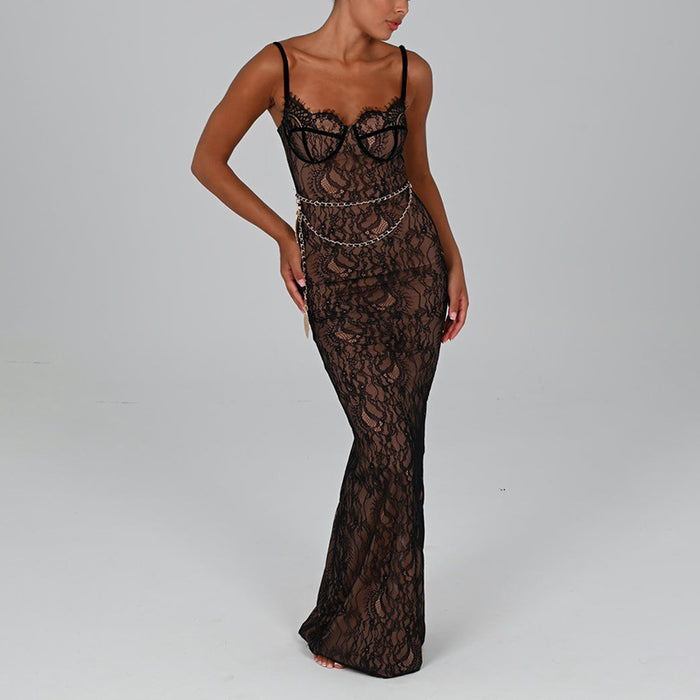 Color-Sexy Lace Stitched Backless Sleeveless Split Maxi Dress-Fancey Boutique