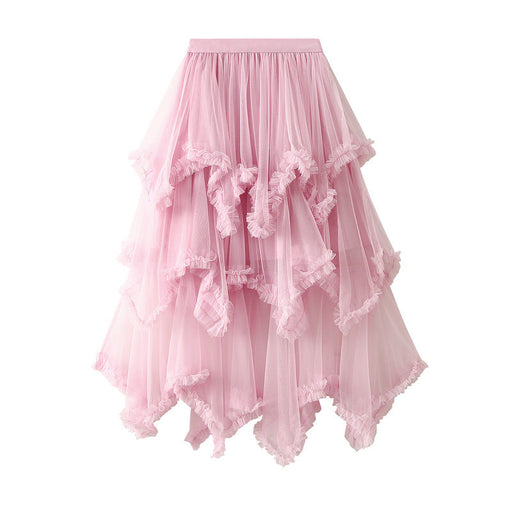 Color-Pink-Wooden Ear Irregular Asymmetric Mesh Tiered Skirt Mid Length High Waist Big Swing Puffy Fairy Gauze Dress Long Skirt-Fancey Boutique