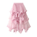 Color-Pink-Wooden Ear Irregular Asymmetric Mesh Tiered Skirt Mid Length High Waist Big Swing Puffy Fairy Gauze Dress Long Skirt-Fancey Boutique