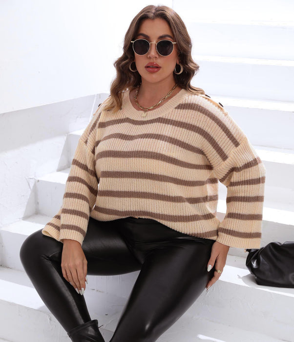 Color-Women Striped Top plus Size Women Clothes Fastener Decoration Straight Sleeve Color Contrast Patchwork Loose Pullover-Fancey Boutique