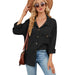 Color-Black-Solid Color Polo Collar Button Pocket Long Sleeve Loose Fitting Coat Top Women-Fancey Boutique