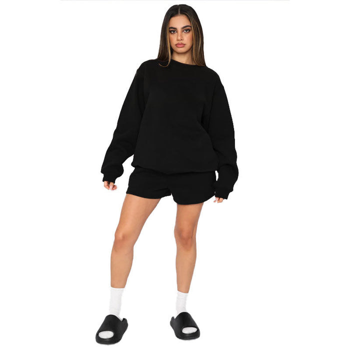Color-Black-Cotton Autumn Winter Solid Color round Neck Pullover Long Sleeve Sweater Women Casual Shorts Set-Fancey Boutique