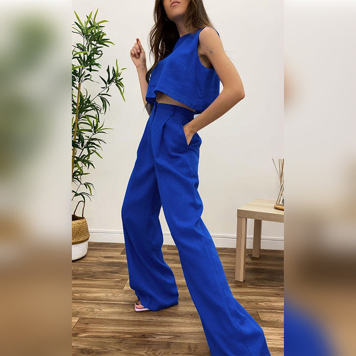 Color-Sports Can Wear Cotton Linen Sleeveless Vest Pants Pocket Solid Color Suit Ladie Homewear Pajamas-Fancey Boutique