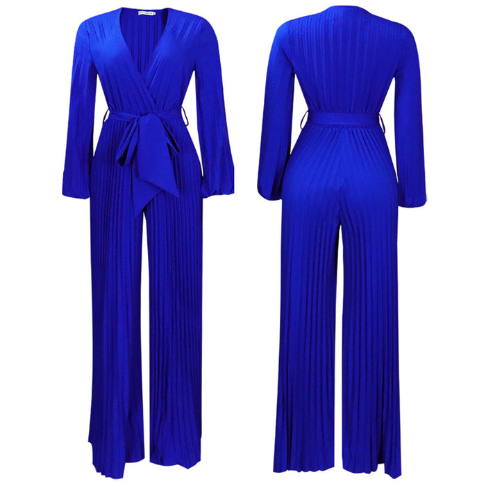 Color-Blue-Summer V neck Sexy Lace up Pleated Wide Leg Jumpsuit-Fancey Boutique