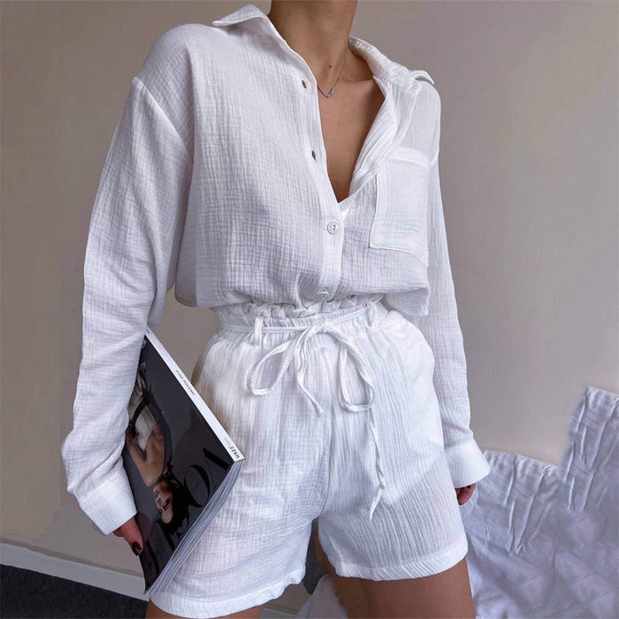 Color-Women Clothing Suit Pure Cotton Summer Collared Long Sleeve Shirt High Waist Pocket Shorts Two Piece Set-Fancey Boutique