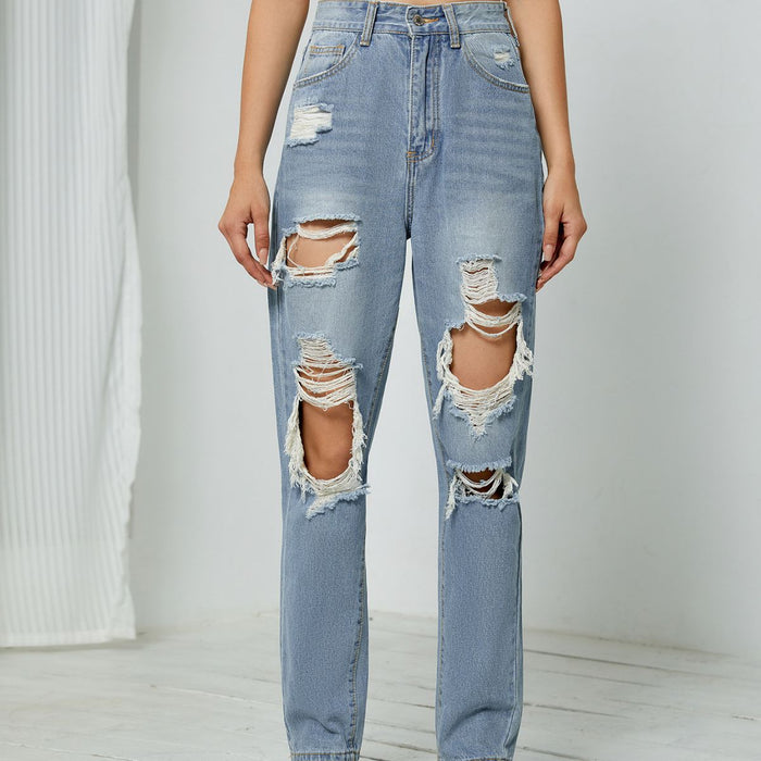 Color-Complex Medium Blue-Straight Leg Pants Washed Broken Holes Pants High Waist Jeans-Fancey Boutique