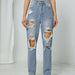 Color-Complex Medium Blue-Straight Leg Pants Washed Broken Holes Pants High Waist Jeans-Fancey Boutique