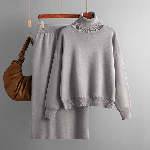 Color-Khaki-Solid Color Turtleneck Sweater Sheath Skirt Two Piece Set Autumn Winter Knitting Suit Women-Fancey Boutique