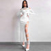 Color-White-Sexy Leggings Split Dress Autumn Women Clothing Solid Color Long Sleeve Hollow Out Cutout Dress-Fancey Boutique