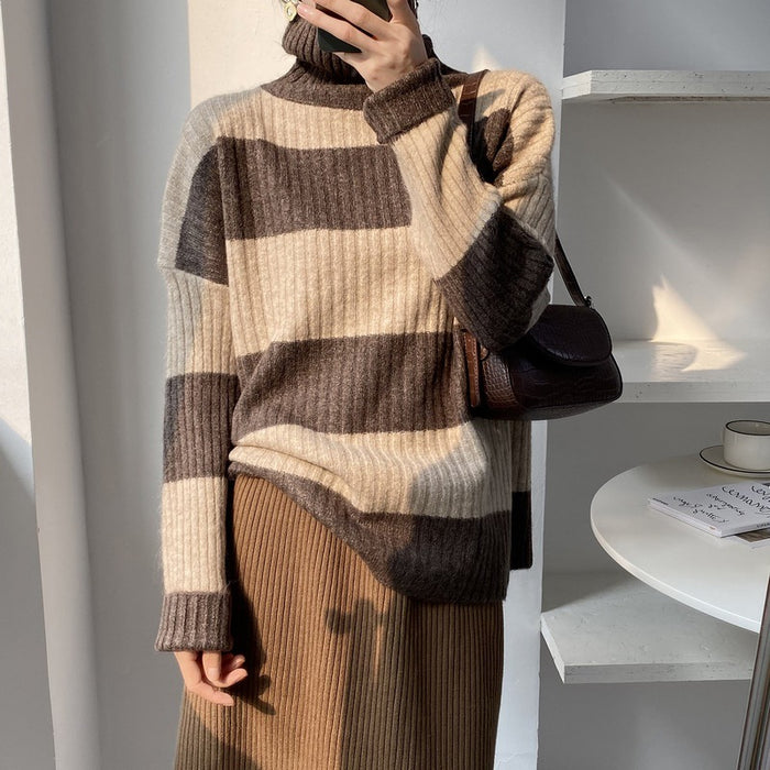 Color-Autumn Winter Thickened Warm Striped Turtleneck Long Sleeve Knitted Contrast Color Pullover Sweater-Fancey Boutique