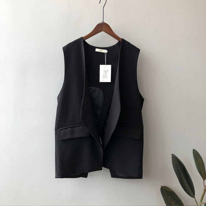 Color-Black-Blazer Vest for Women Autumn Korean V-neck Sleeveless Loose Back Slit Vest-Fancey Boutique