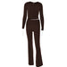 Color-Brown Suit-Knitted Hooded Women Sexy High Waist Long Sleeved Trousers Two Piece Set-Fancey Boutique