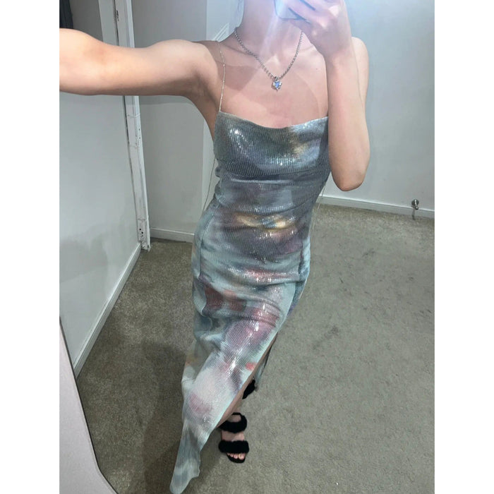 Color-【MOQ-5 packs】 Sexy Vacation Summer Gray Bottom Floral Sequ Full Embroidery Mermaid Backless Slit High Waist Cami Dress-Fancey Boutique