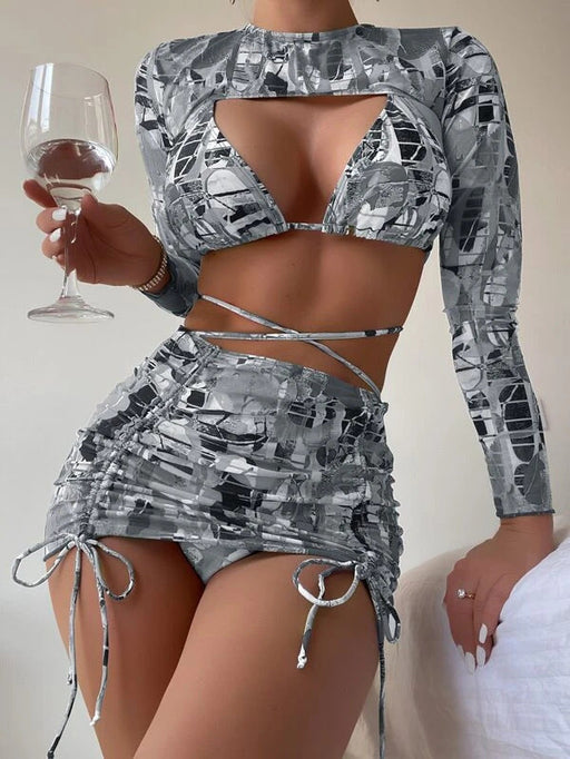 Color-Gray-Binki Trendy Irregular Asymmetric Pattern Print Sex Long Sleeve Tether Swimwear-Fancey Boutique