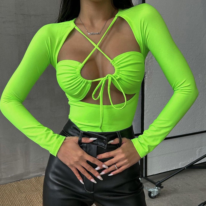 Color-Summer Women Sexy Sexy Hollow Out Cutout out Strap Slim Solid Color Long Sleeve Jumpsuit Women-Fancey Boutique