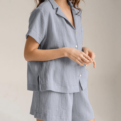 Color-Gray-Summer Cotton Linen French Simplicity Sports Shirt Shorts Double Layer Gauze Pajamas Women Homewear-Fancey Boutique
