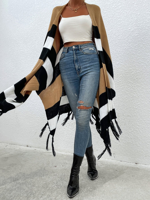 Color-Autumn Winter Striped Contrast Color Tassel Shawl Sweater Cloak-Fancey Boutique