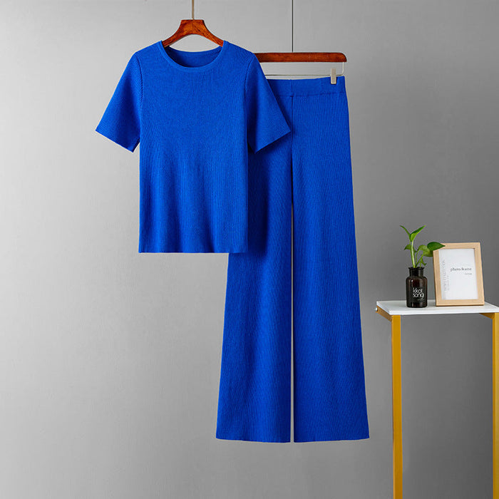 Color-Blue-Summer High Elastic Solid Color round Neck Knitted Short Sleeve High Waist Slimming Two Piece Suit-Fancey Boutique