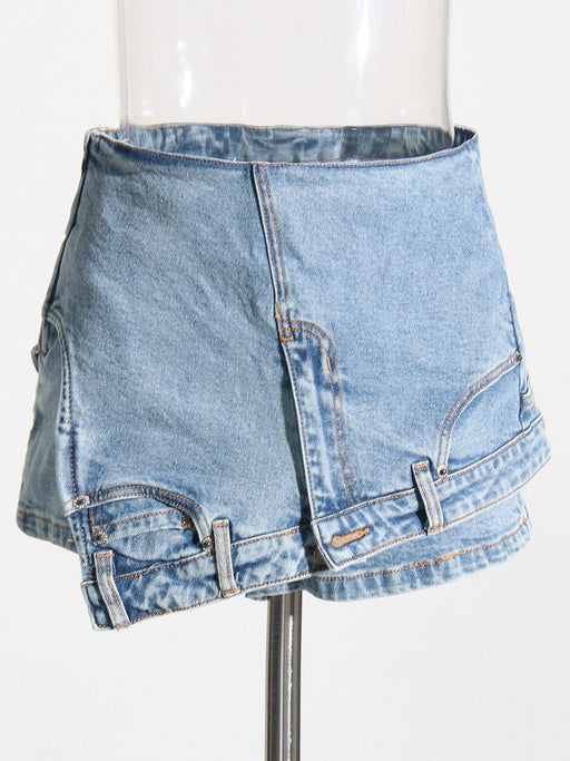 Color-Blue-Personality Street Denim Stitching Shorts Autumn High Waist Irregular Asymmetric Washed Worn Jeans Women-Fancey Boutique