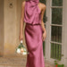 Color-Summer Mature Elegant Women Clothing Sleeveless Halter Solid Color Satin Dress-Fancey Boutique