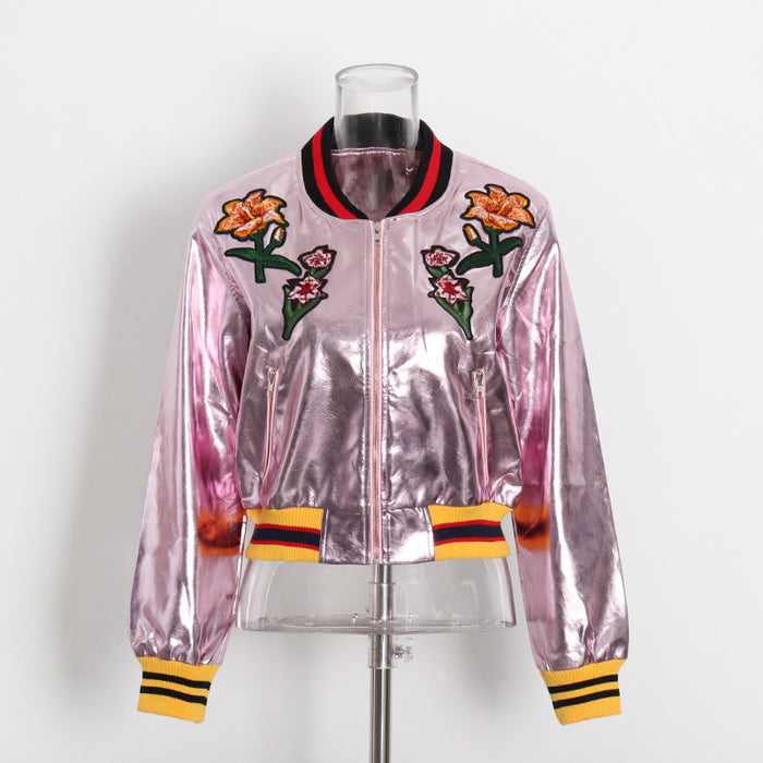 Color-Niche Street Autumn Embroidered Floral Color Contrast Short Varsity Jacket Women-Fancey Boutique